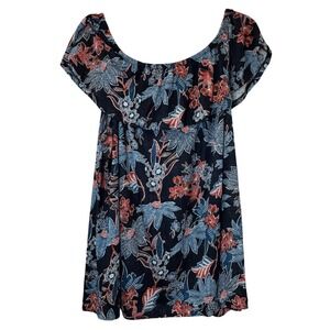 J. Jill LOVE LINEN Floral Print‎ Top Blouse Navy Red XL